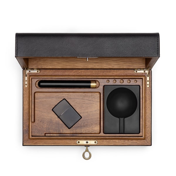 Smell Proof Black Leather Stash Box Kit-Elevate Your Experience with the Ultimate Lockable box with rolling tray grinder & ashtray