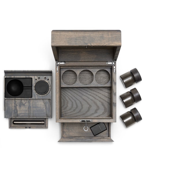 Kit scatola portaoggetti in legno di frassino grigio antiodore - Migliora la tua esperienza con la cannabis con la scatola portaoggetti in legno di frassino grigio con serratura e accessori