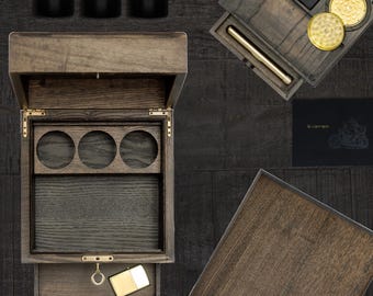 Ash wood Stash Box - Cigar Box, humidifier kit, Airtight Washable Brass doob tube, Grinder, Glass Jar, concrete ashtray & Lighter