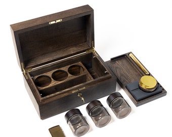 Smell Proof Ash wood Stash Box Kit-Elevate Your Cannabis Experience with the Ultimate Lockable box with rolling tray grinder & ashtray