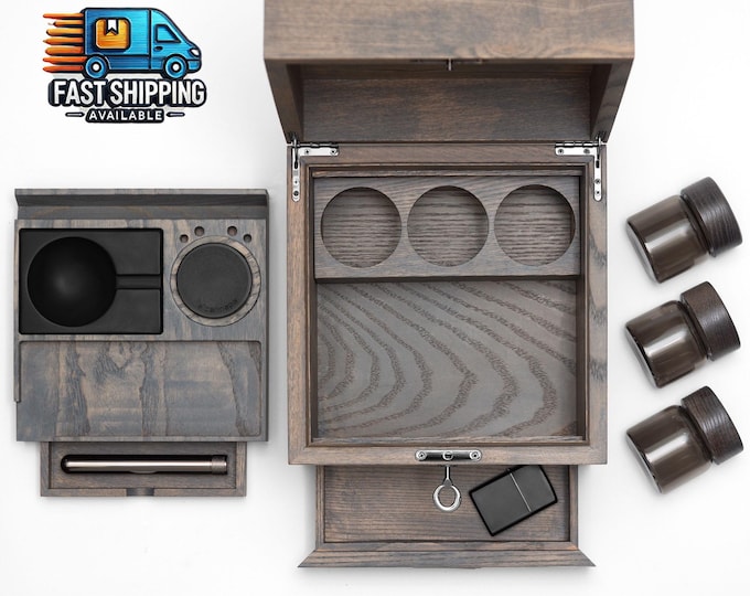 Featured listing image: Smell Proof Gray Ash Wood Stash Box Kit - Elevate Your Cannabis Experience with the Ultimate Lockable Ash Wood Stash Box and Accessories