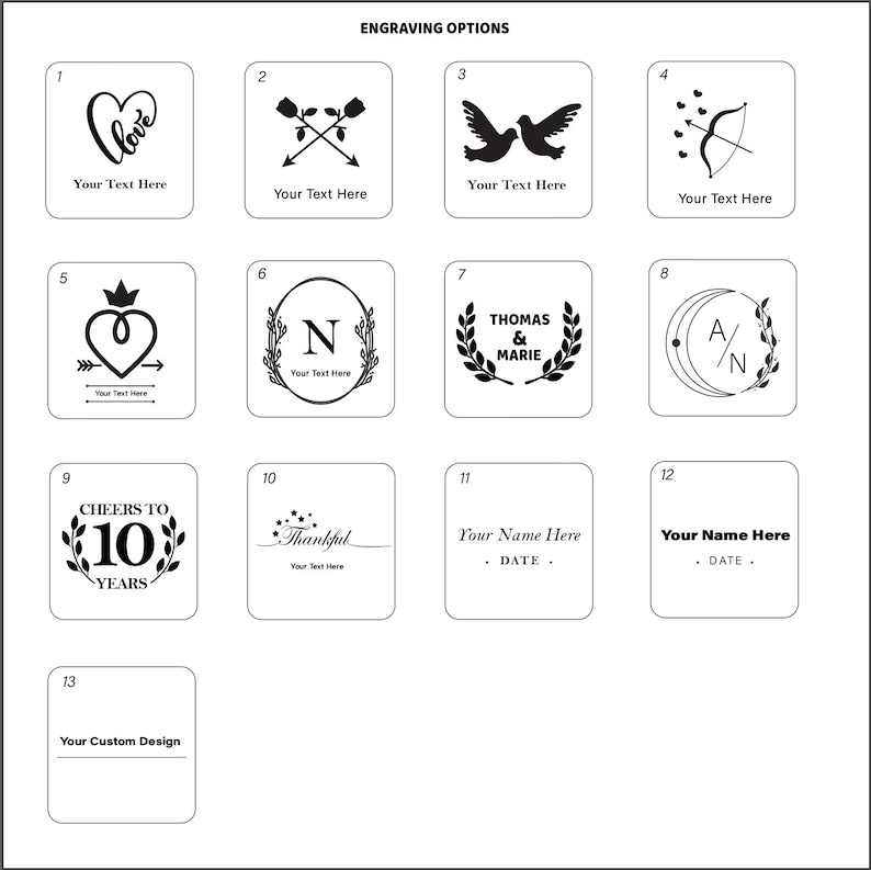 Puede incluir: Un gr&aacute;fico que muestra 13 opciones de grabado diferentes para un regalo personalizado. Las opciones incluyen corazones, palomas, flechas, iniciales, nombres, fechas y un dise&ntilde;o personalizado.