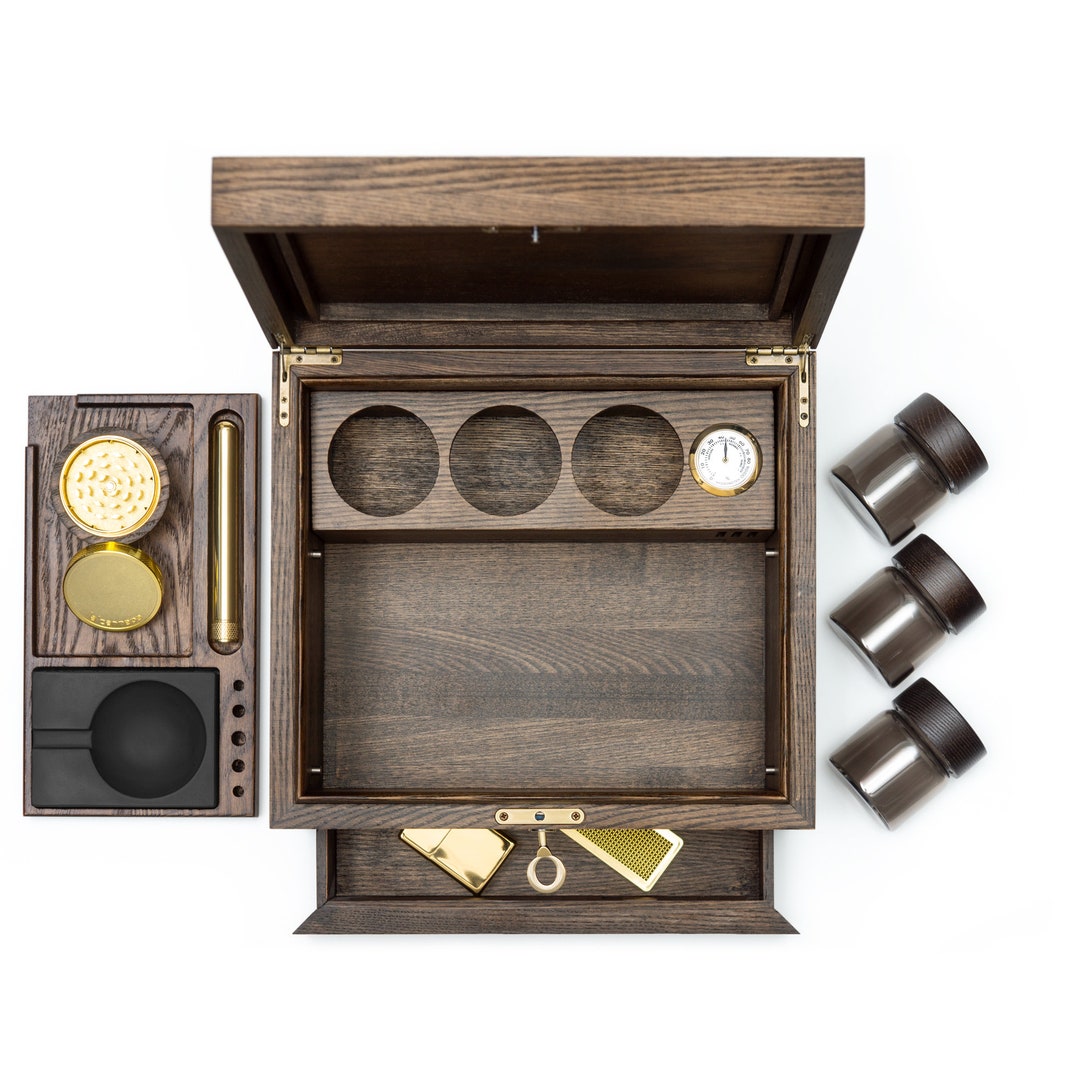 Ash Wood Stash Box Cigar Box, Humidifier Kit, Airtight Washable Brass Doob  Tube, Grinder, Glass Jar, Concrete Ashtray & Lighter 