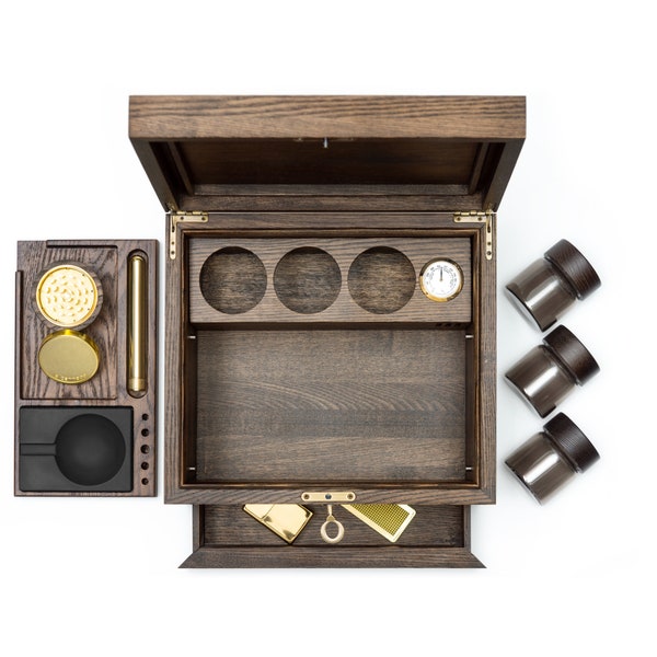 Ash wood Stash Box - Cigar Box, humidifier kit, Airtight Washable Brass doob tube, Grinder, Glass Jar, concrete ashtray & Lighter