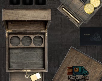 Ash wood Stash Box - Cigar Box, humidifier kit, Airtight Washable Brass doob tube, Grinder, Glass Jar, concrete ashtray & Lighter