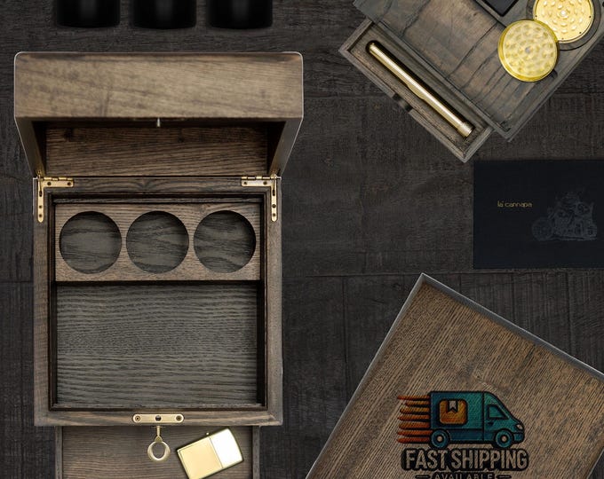 Featured listing image: Ash wood Stash Box - Cigar Box, humidifier kit, Airtight Washable Brass doob tube, Grinder, Glass Jar, concrete ashtray & Lighter