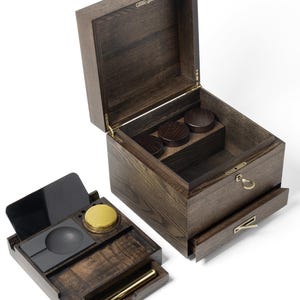 Premium Ash Wooden Stash Box - Cigar Box, Airtight Washable Brass doob tube, Grinder, Glass Jar, concrete ashtray & Lighter