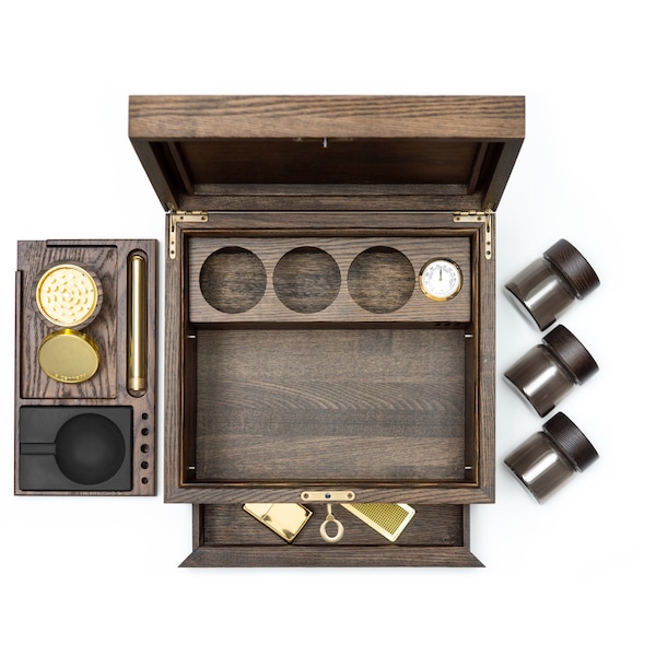 Premium Ash wood Stash Box - Cigar Box, humidifier kit, Airtight Washable Brass doob tube, Grinder, Glass Jar, concrete ashtray & Lighter