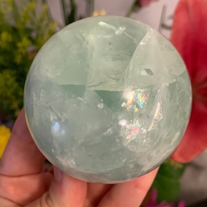 Green Fluorite Sphere with Rainbows Crystal Orb