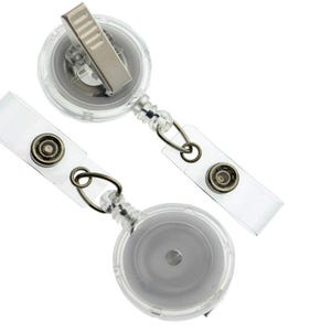 May include: Two clear plastic retractable badge holders with metal clips and clear plastic straps. The badge reels are round and have a silver-coloured centre. The straps have a snap closure.