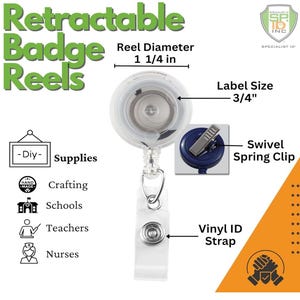 May include: Clear retractable badge reel with a swivel spring clip and vinyl ID strap. The reel diameter is 3.2 cm, and the label size is 1.9 cm. Text includes "Retractable Badge Reels" and "DIY Supplies."