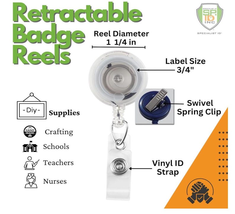May include: Clear retractable badge reel with a swivel spring clip and vinyl ID strap. The reel diameter is 3.2 cm, and the label size is 1.9 cm. Text includes "Retractable Badge Reels" and "DIY Supplies."