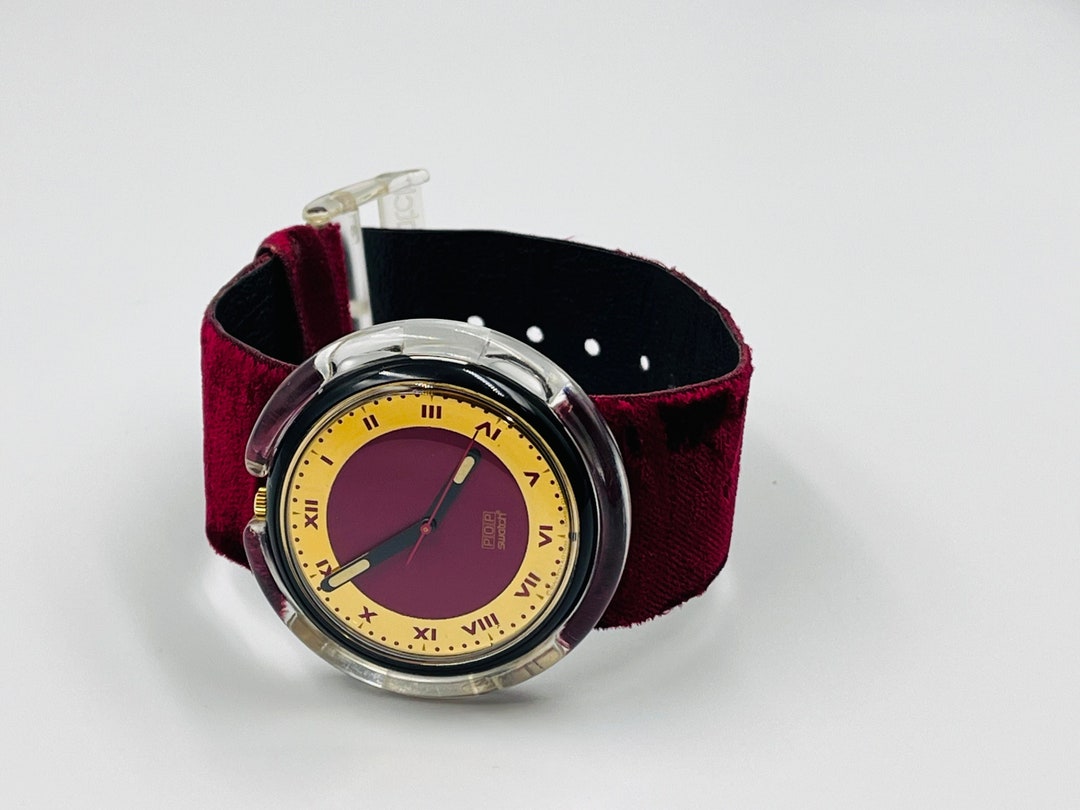POP SWATCH CHECK'S ヴィンテージ 腕時計 90's Vintage 1991 Swatch POP Watch With Red Velvet Band - Etsy