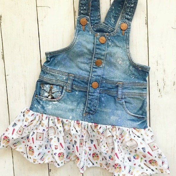 Girls Upcycled Denim Dress ~ Size 12-18 months ~ Girls Jean Dress ~ Upcycled Kids Fashion ~ Dress for crafts ~ Handmade Girl Clothes