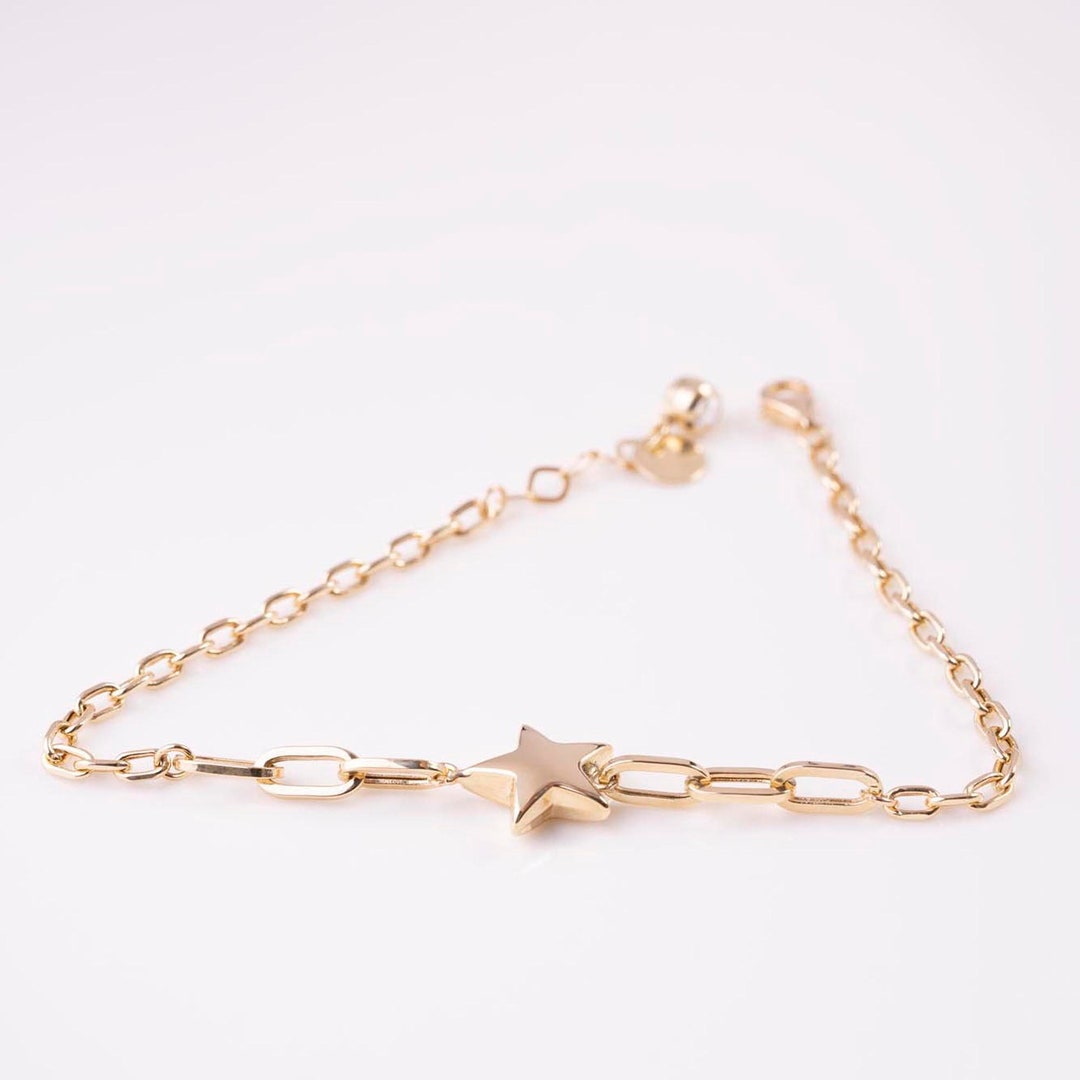 14K Yellow Gold Bracelet Gold Star Charm Bracelet Paperclip Bracelet