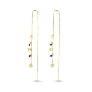 14K Solid Gold Threader Earrings with Ruby & Disc Charms – Minimalist Dangle Earrings – July Birthstone Jewelry – Delicate Gold Earrings