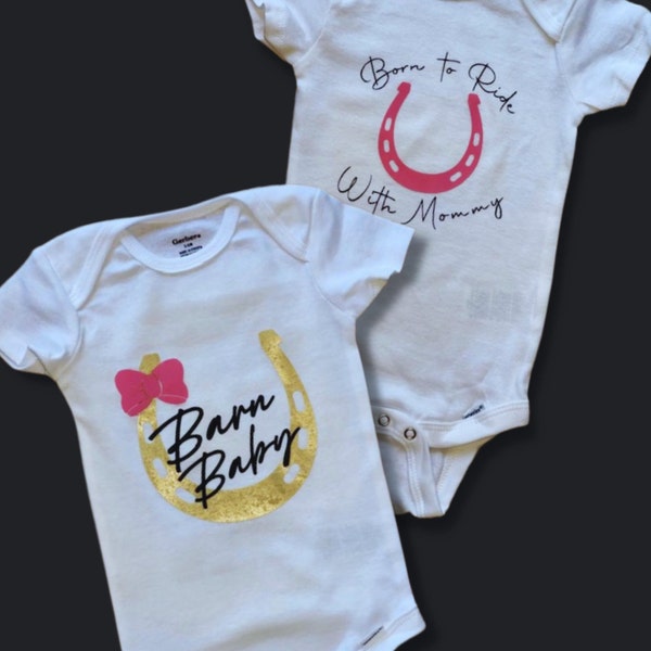 Set- Horse Baby Bodysuits, Girl Pony Outfit, Barn Baby, Ride With Mommy Baby Shower Gift Infant Newborn Stable Pony Horse