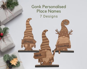 Gonk Christmas Place Name Decorations, Personalised Gonk table decorations, Gonk Place names, table dec