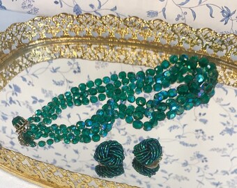 Vintage Blue Green Aurora Borealis Demi-Parure Set