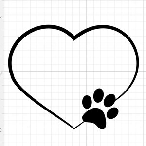 May include: Black and white illustration of a paw print inside a heart shape.