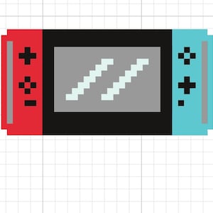May include: A pixelated image of a red and blue handheld video game console with a gray screen. The console has two buttons on each side.