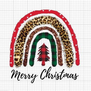 May include: A rainbow with red, brown, and green stripes, with a leopard print pattern and glitter accents. A red and black plaid Christmas tree is in the center of the rainbow. The text "Merry Christmas" is below the rainbow.