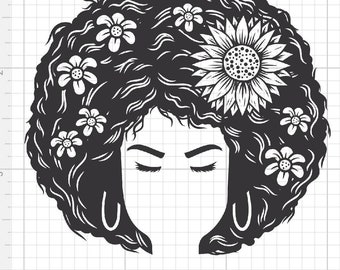 Flower Afro Hair PNG Digital Download big hair woman flower hair curly women empowerment cricut Sticker pint & cut Silhouette black