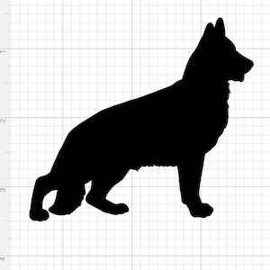 Puede incluir: Silueta negra de un perro pastor alemán sentado con la cabeza girada hacia la derecha.