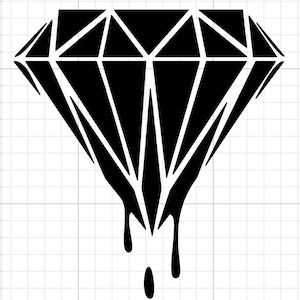 May include: A black diamond shape with dripping black paint. The diamond is stylized with a geometric design.