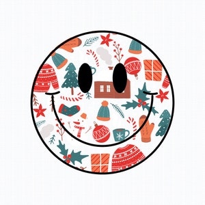 May include: A yellow smiley face with a black outline is filled with Christmas-themed illustrations. The illustrations include a house, a snowman, a candy cane, a stocking, a mitten, a Christmas tree, a present, a holly sprig, and a snowflake.