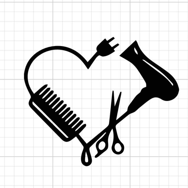 Coiffeur amour SVG DIGITAL DOWNLOAD cosmétologue coiffeur amour cricut silhouette coeur sèche-cheveux ciseaux peigne brosse à cheveux cadeau décalcomanie