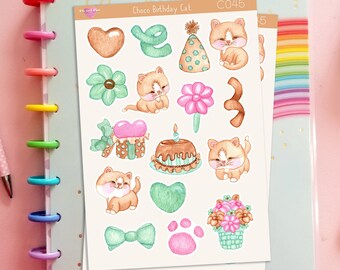 Kawaii Bujo Organization Choco Birthday Cat Sticker Sheet Bullet Journal and Planner Stickers Fat Head Chocolate Cake Gift Stickers