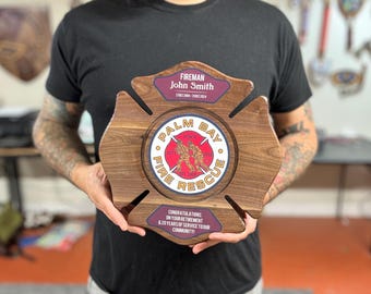 Custom Black Walnut Firefighter Badge Plaque, Retirement Gift