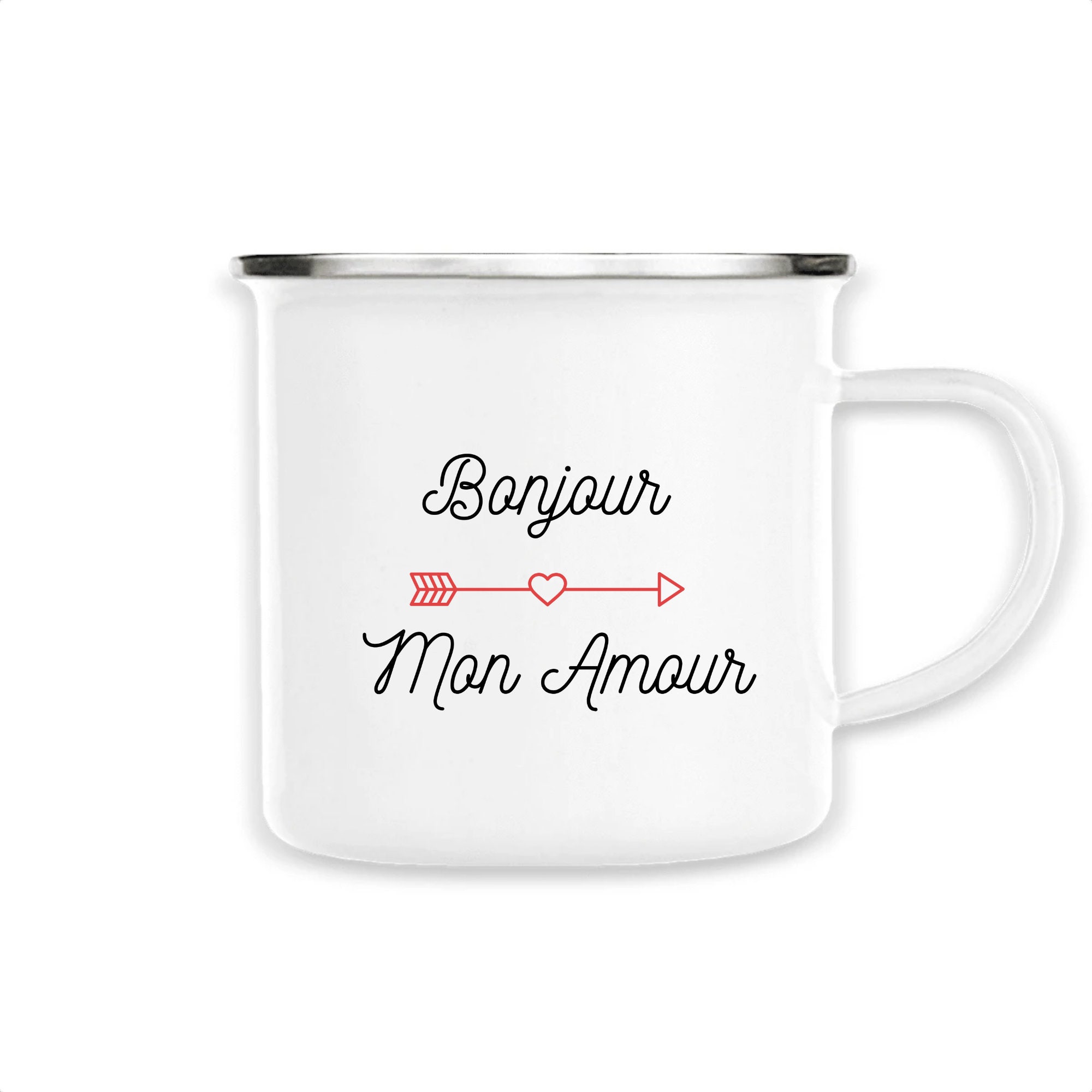 Mug Inox Bonjour Mon Amour/Love Mug/Tasse Émaillée/ Mug Amour/Mug Personnalisé/Mon Amour/Cadeau Amou