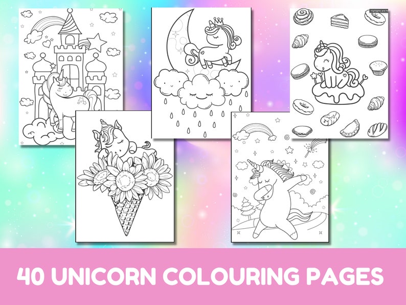 May include: A set of 40 black and white coloring pages featuring unicorns in various scenes. The pages include unicorns in a castle, sleeping in a flower, riding a rainbow, and on a donut.