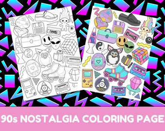 90s Nostalgia Coloring Page - Millennial Nostalgia, Adult Colouring Page, Kids Coloring, Doodle Page