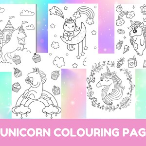 May include: A set of 40 black and white coloring pages featuring unicorns in various scenes. The pages include unicorns in a castle, on a rainbow, with cupcakes, and in a floral wreath.