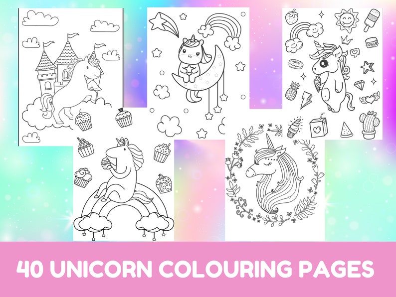 May include: A set of 40 black and white coloring pages featuring unicorns in various scenes. The pages include unicorns in a castle, on a rainbow, with cupcakes, and in a floral wreath.