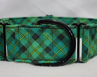 ST Patricks Green Plaid Dog Collar- Martingale or Clip Collar