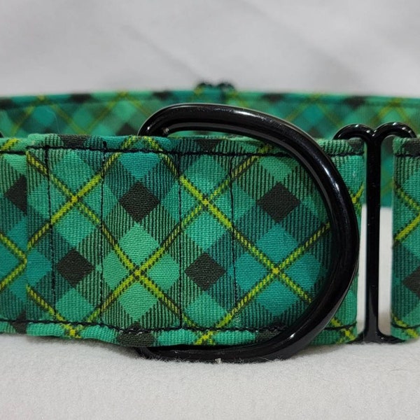 ST Patricks Green Plaid Dog Collar- Martingale or Clip Collar