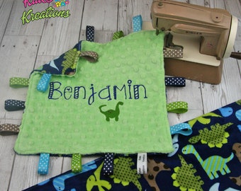 Dinosaur Midnight Lime Personalised Taggie Blanket Baby Comforter - Shannon Plush Taggy, unique new baby gift or birthday gift present