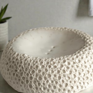 Op de afbeelding: Een witte keramische kom met een getextureerde, poreuze buitenkant. De kom heeft een afgeronde vorm en een gladde binnenkant. Het ontwerp lijkt op een honingraat of koraal. De kom is waarschijnlijk voor decoratief of functioneel gebruik.