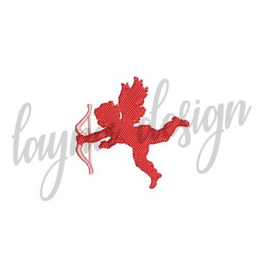 May include: Red embroidered design of a cupid with wings and an arrow. The cupid is flying through the air.