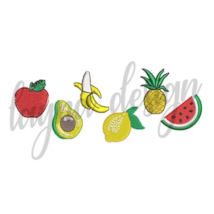 May include: Embroidered designs of a red apple, green avocado, yellow banana, yellow lemon, green pineapple, and a red watermelon slice.