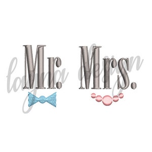 May include: Embroidered design with the words "Mr." and "Mrs." in gray. "Mr." is paired with a blue bow tie and "Mrs." is paired with a pink pearl necklace.