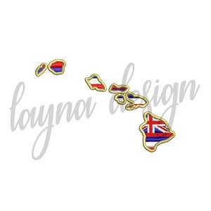 May include: An embroidered design of the state of Hawaii with the Hawaiian flag in the center of the main island. The design is outlined in gold thread.