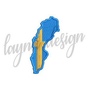 May include: An outline of the country of Sweden in blue with the Swedish flag colors of yellow and blue inside the outline.
