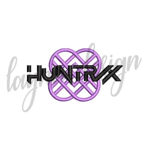 May include: A logo design featuring the word "HUNTRX" in black, with a stylized purple knot design. The background is white, with a faint cursive design in the upper left and right.