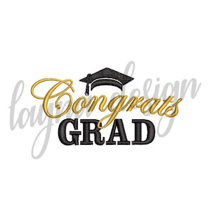 May include: Gold embroidery design with the text "Congrats Grad" and a black graduation cap.