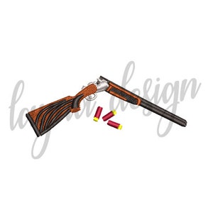 May include: An embroidered design of a double-barreled shotgun with an orange and black wooden stock and barrel. Three red and yellow shotgun shells are scattered nearby. The design is on a white background.